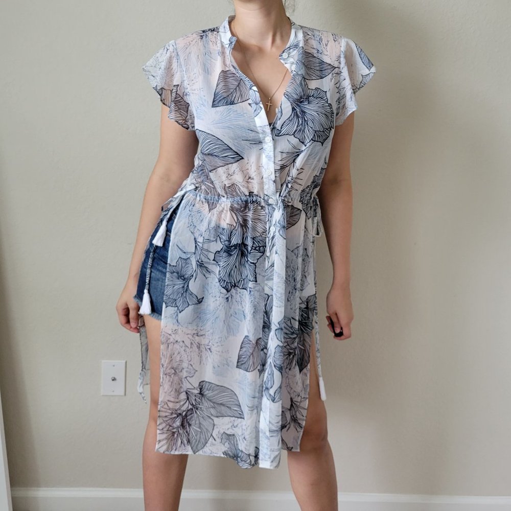 White & Blue Floral Sheer Tunic Top
